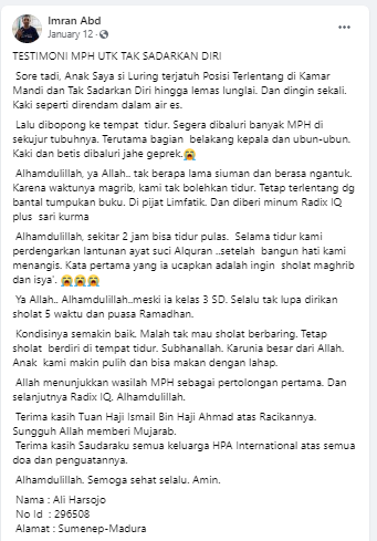 Testimoni MPH untuk tak sadarkan diri / pingsan