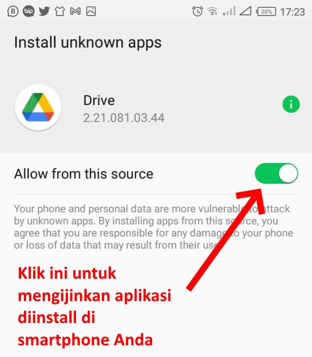 Klik seperti yang ditunjukkan gambar diatas untuk mengijinkan aplikasi diinstall di smartphone Anda