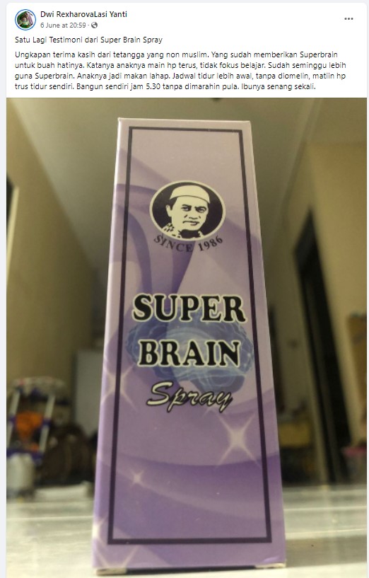 Satu Lagi Testimoni dari Super Brain Spray Ungkapan terima kasih dari tetangga yang non muslim. Yang sudah memberikan Superbrain untuk buah hatinya. Katanya anaknya main hp terus, tidak fokus belajar. Sudah seminggu lebih guna Superbrain. Anaknya jadi makan lahap. Jadwal tidur lebih awal, tanpa diomelin, matiin hp trus tidur sendiri. Bangun sendiri jam 5.30 tanpa dimarahin pula. Ibunya senang sekali.