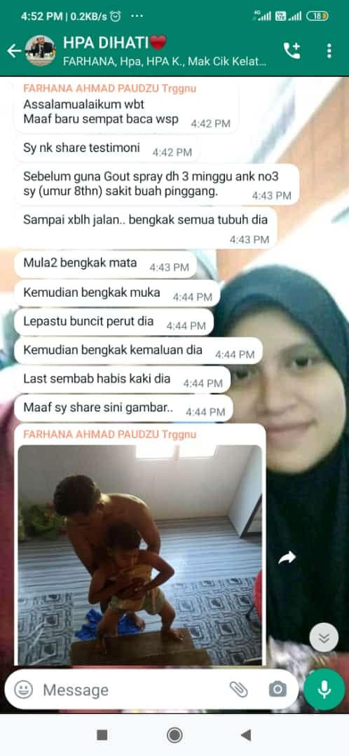 Testimoni Gout Spray untuk masalah ginjal - buah pinggang - anak umur 8 tahun